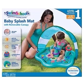 SwimSchool Baby Splash Play Mat with Adjustable Canopy - Inflatable Play Pool for Babies & Infants with Backrest - Includes Baby Water Toy Rings