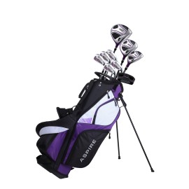 Aspire XD1 Ladies Womens Complete Right Handed Golf Clubs Set Includes Titanium Driver, S.S. Fairway, S.S. Hybrid, S.S. 6-PW Irons, Putter, Stand Bag, 3 H/C's Purple (Right Hand Petite -1