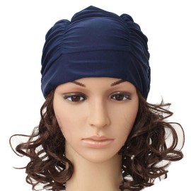 HugeStore ccHuDE Women Ladies Pleated Cloth Fabric Swimming Hat Swim Hat Cap Bathing Cap Deep Blue
