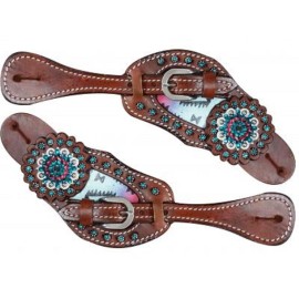 Showman Teal and Pink Navajo Inlay Medium Leather Spur Straps Blue Pink Crystal Conchos Blue Rhinestones