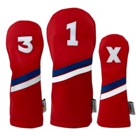 Sunfish Leather Golf Headcover Set 1-3-X Driver Fairway Hybrid Red with Blue and White Stripes