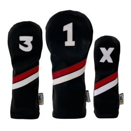 Sunfish Leather Golf Headcover Set 1-3-X Driver Fairway Hybrid Black/Red/White