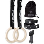 PULLUP & DIP Premium Gymnastic Rings, Wooden Gym Rings for Calisthenics - Wide Straps with Length Markings + Door Anchor + Carry Bag + Exercise Guide, Calisthenics Rings