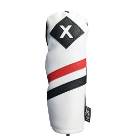 Majek Retro Golf Headcover White Red and Black Vintage Leather Style X Fairway Wood Head Cover Classic Look, Wheel Tag Includes Numbers 3 through 7 plus X