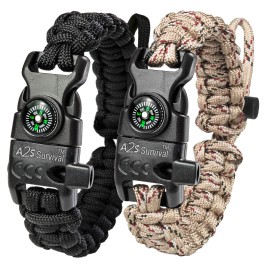 Paracord Bracelet K2-Peak - Survival Bracelets with Embedded Compass Whistle EDC Hiking Gear- Camping Gear Survival Gear Emergency Kit (Black/Sand Camo Adjustable Size)