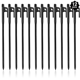 Csdtylh 12 Pack Tent Stakes Heavy Duty, Metal Tent Stakes Lightweight, Black Camping Stakes, Steel Tent Spikes, Canopy Stakes, Tent Pegs for Car Camping, Yard Decoration, Tarp, Shade Tent, Picnic