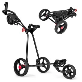 Tangkula Golf Push Cart, Lightweight Collapsible Golf Pull Cart, 3 Wheels Golf Trolley with Foot Brake Umbrella Holder & Cup Holder, Adjustable Handle and Storage Bag