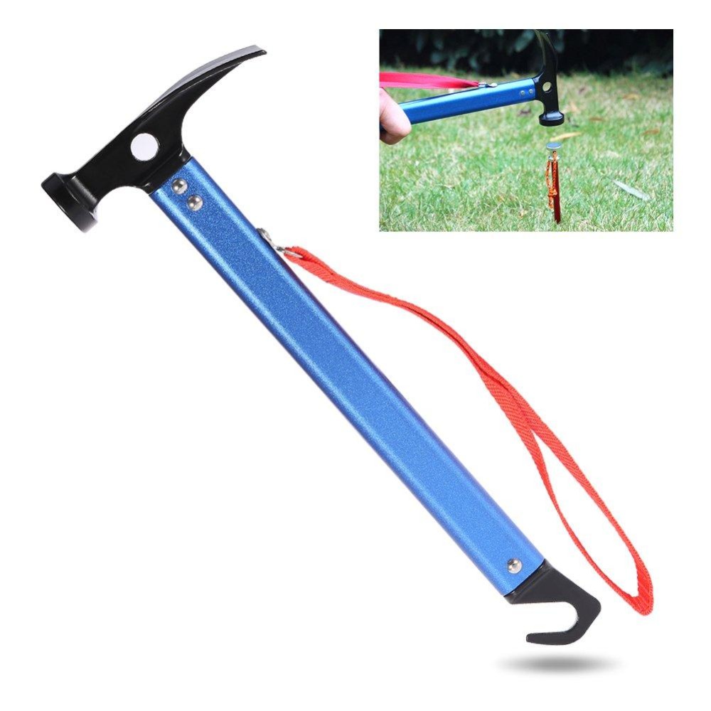 Outdoor Camping Hammer, Portable Multi-Function High Carbon Steel Hammer Durable Tent Hammer Extractor Peg Puller With Safety Belt (Blue)