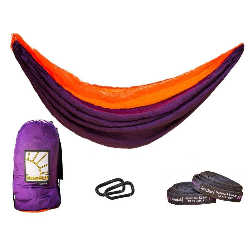 TheSunnysideShoppe SunnySack Lightweight Heavy Duty Parachute Nylon Double Hammock with Tree Straps - Sunset (Purple/Orange)