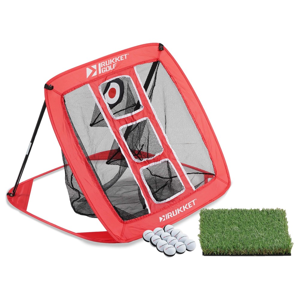 Rukket Pop Up Golf Chipping Net Outdoor/Indoor Golfing Target Accessories and Backyard Practice Swing Game with 12 Foam Training Balls, Turf Hitting Mat and Carry Bag