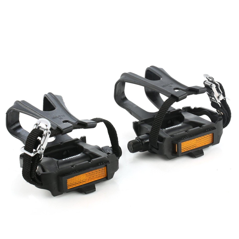 ZONKIE Bike Pedals with Toe Clip and Strap, Plastic Bike Pedals for MTB and Road Bike, 9/16 Inch