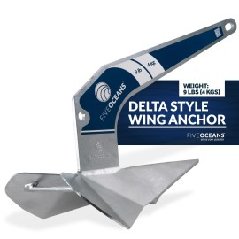 Five Oceans Delta Style Wing Anchor, 9 Lb / 4 Kg Hot Dipped Galvanized Steel Boat Anchor, Premium Series, for Pontoon, Fishing Boats, Bass Boats, Sport Boats, Sportyachts, Sailboats - FO4213