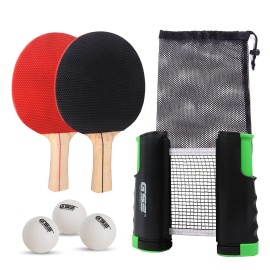 GSE Ping Pong Paddle Set, Portable Table Tennis Set with Retractable Ping Pong Net & Post, 2 Paddles & 3 Ping Pong Balls, Anywhere to-Go Ping Pong Game Set for Any Tables (Black)