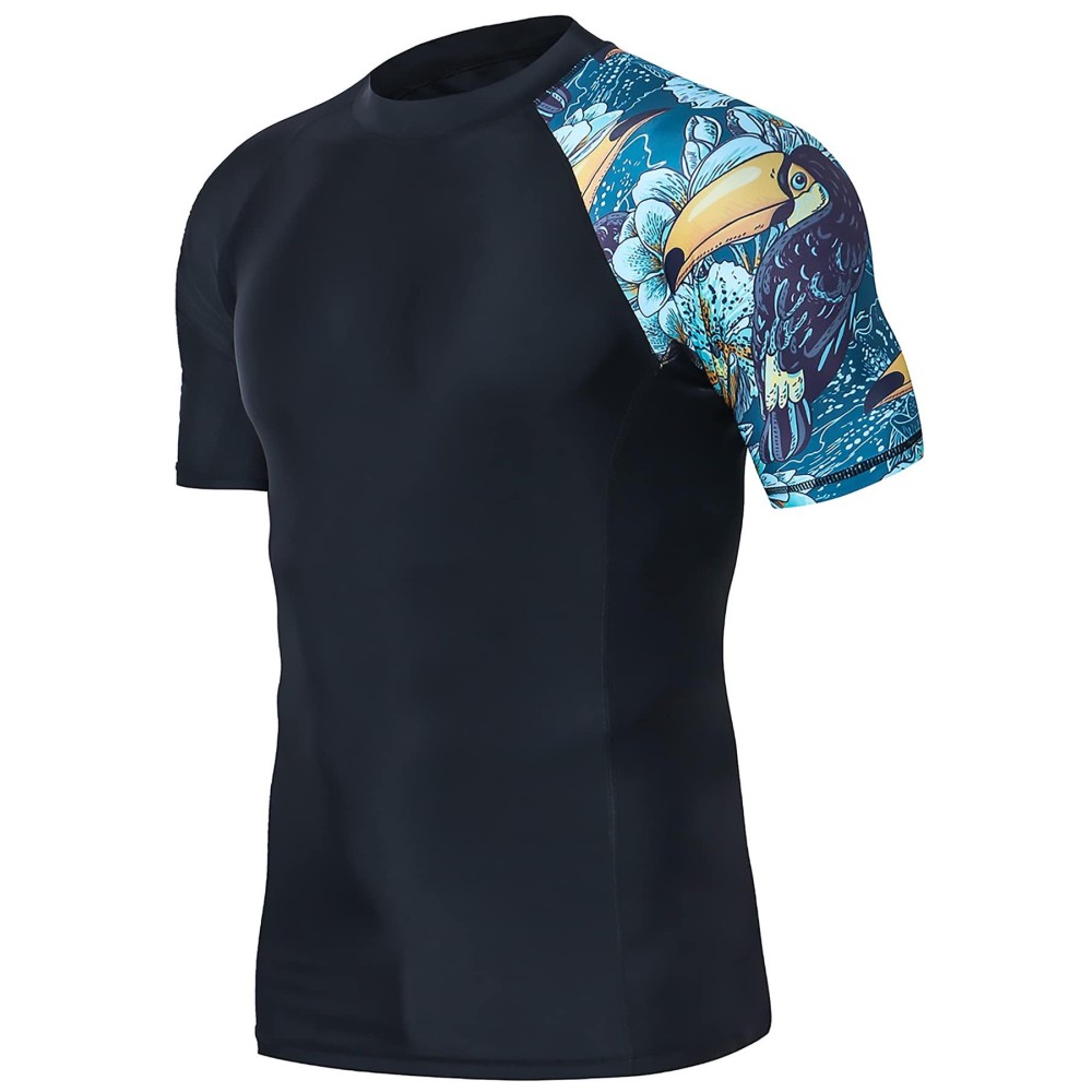 HUGE SPORTS Men's Splice UV Sun Protection UPF 50+ Skins Rash Guard Short Sleeves(HeyToucan, L)