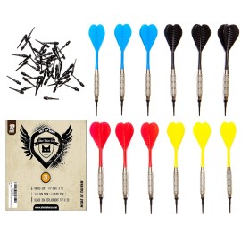 SHOT TAKER CO. EST. 2017 Soft Tip Darts Set 12 pc Bar Darts 50 Extra Black 2BA Tips 3 of Each Color Fun Darts for 4 Players on Electronic/Plastic Dartboard (STC10406-16g-Nickel Silver Barrel)