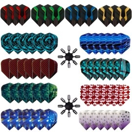 SHOT TAKER CO. EST. 2017 Standard Dart Flights 60pc (12 Designs) + 16pc Flight Savers - Durable Replacement Feather Tail Wings - Dart Accessories Kit for Steel Tip Darts and Soft Tip Darts