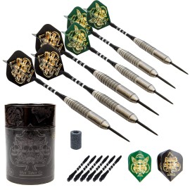 SHOT TAKER CO. EST. 2017 6pc Steel Tip Darts Set - Professional Darts for Dartboard - Includes Barrels + Plastic/Aluminum Shafts + ORings + Flights + Sharpener + Wrench (22g-Black Skull-10405)