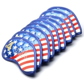 GOOACTION 9PCS/Set USA Golf Club Iron Covers American Stars and Stripes Flag Pattern Thick Synthetic Leather Patriotic Head Covers 4,5,6,7,8,9,P,S,A