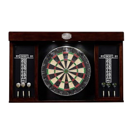Thornton Pre-Assembled Wood Dartboard Cabinet, LED Display with 18Bristle Dartboard & Steel Tip Dart Set, Perfect for Cricket Games