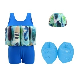 Wowelife Toddler Float Suit with Arm Bands Baby Floating Swimsuit with 8 Removable Buoyancy Sticks for Boys and Girls, 1-4 Years (Sea Blue, S(Chest 56,Length 40cm))