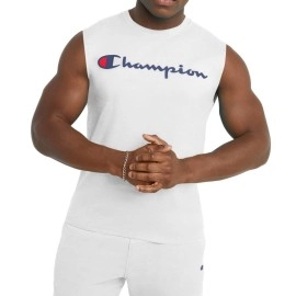 Champion Men's Classic Jersey Muscle Tee, Screen Print Script, White, Large