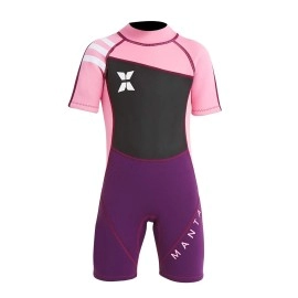 DIVE&SAIL Girls Wetsuit 2.5mm Shorty Suit Sun Protection Short Sleeve Swimsuit One Piece Sun Suit for Girls Pink XXL