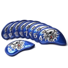 GOOACTION 9PCS/Set Skull Golf Club Iron Head Covers Thick Crystal Leather Blue Irons Clubs Headcovers Protectors (One-Sided Embroidery Tag 4,5,6,7,8,9,A,P,S)