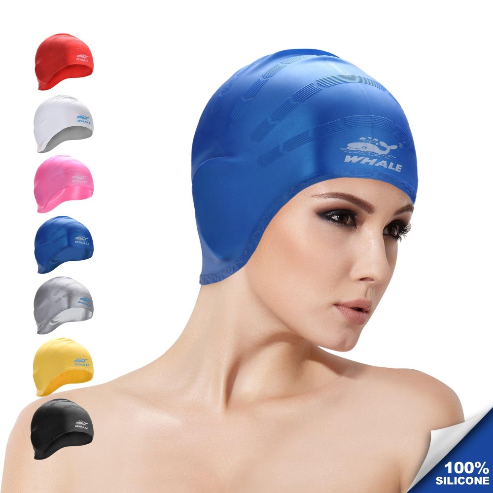 Cover Ears Swim Caps for Long Hair 100% Silicone Swimming Hat for Unisex Adult Kids Reduce Water Intake Makes Your Hair Clean (Blue)