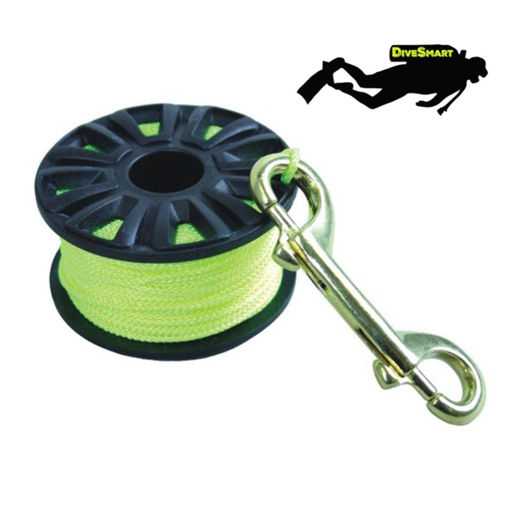 DiveSmart Finger Spool Reel with Double Ended Brass Hook and High Visibility Neon Yellow Line (100ft) - for Cave and Wreck Exploration and Scuba Diving (100)