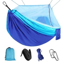 Single & Double Camping Hammock with Mosquito/Bug Net, Outdoor Portable Parachute Nylon Hammock with Tree Straps, Lightweight Backyard Hammock Survival Travel Bed 110