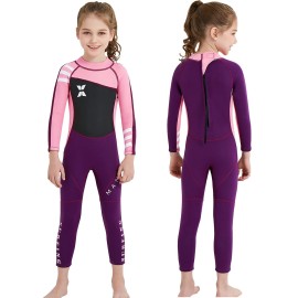 NATYFLY Kids Wetsuit, 2.5mm Neoprene Thermal Swimsuit, Full Wetsuit for Girls Boys and Toddler, Long Sleeve Kids Wet Suits for Swimming (New Pink-Girls Wetsuit-2.5mm, 6)