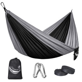 JBM Camping Hammock Single & Double Portable Lightweight Hammock Outdoor Hiking Travel Backpacking - Nylon Hammock Swing - Support 400lbs with Nylon Ropes (Black & Gray)