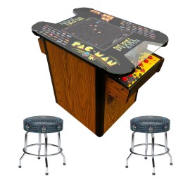 Namco Pac Man Pixel Bash Arcade Style Cocktail Table Game Woodgrain with 2 Pac Man Stools