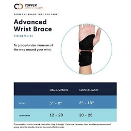 Copper Compression Recovery Wrist Brace - Guaranteed Highest Copper Content Support for Wrists, Carpal Tunnel, Arthritis, Tendonitis, RSI, Sprain. Night Day Splint for Men Women - Fit Left Hand S-M