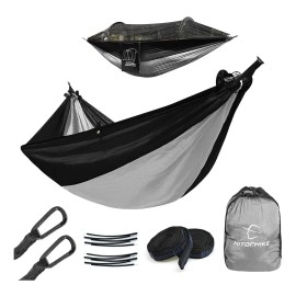 Hitorhike Camping Hammock with Mosquito Net Nylon Tree Straps Detachable Aluminum Poles and Steel Carabiners, 2 in 1 Function Design for Backpacking, Camping, Travel, Beach, Backyard (Black with Gray)
