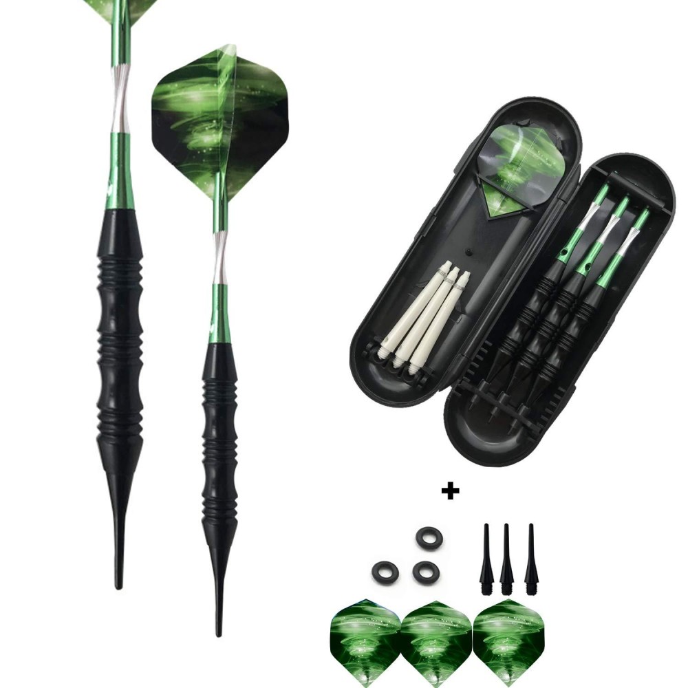 Professional Exquisite 20 Gram Soft Tip Darts Carrying Hard Suitcase | 3 Black Coated Iron Barrels | 3 Aluminum Shaft, Each Recreation Room, Bar and Game Room Level (Green)