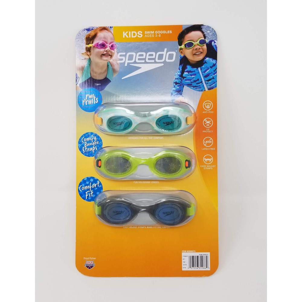 Speedo Kids Swim Goggles for Ages 3-8, 3-Pack (Green/Blue/Multi Color)