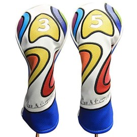 Majek Retro Golf Headcover Limited Edition Vintage Leather Style Psychedelic Colorful Groovy Custom Design #3 & 5 Fairway Wood Head Cover