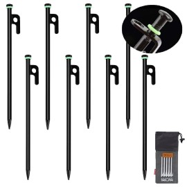 Lightton Tent Stakes, Heavy-Duty Steel Solid Tent Stakes Pegs for Outdoors Mountain 8-Inch Camping Hiking with Metal Stopper 8pcs + 9pcs Fluorescent Rubber Circle