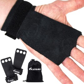 KAYANA 3 Hole Leather Gymnastics Hand Grips - Palm Protection and Wrist Support for Cross Training, Kettlebells, Pull ups, Weightlifting, Chin ups, Workout, & Exercise (Black, Medium)