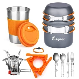 Bisgear Camping Cookware Portable Backpacking Stove Canister Stand Tripod Stainless Steel Cup Flatware Mess Kit - Camping Pot and Pans Cooking Set - Camping Gear Must Haves