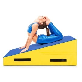Giantex Cheese Mat for Gymnastics, Folding and Non-Folding Incline Gymnastics Wedge Mat for Kids Girls Home Training Exercise, Gymnastics Tumbling Mat, Blue/Yellow (37x23x14)