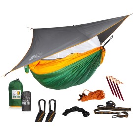 Ryno Tuff XL 2 Person Camping Hammock with Mosquito Net & Rain Fly - Compact Double Hammock with Bug Net, Tarp, Pocket, Tree Straps & Heavy Duty Carabiners - Parachute Grade Nylon Holds Over 600lbs