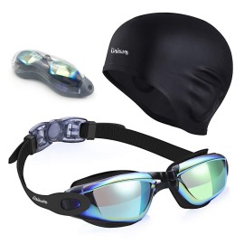 Uniswim Professional Swim goggles Swim cap Pack Swimming goggles Silicone Swimming cap Set for Swimming-colorful Black