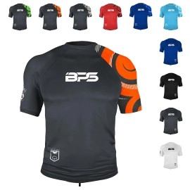 BPS Mens Short Sleeve Swim Shirt/Rash Guard with Sun Protection (Patterned Charcoal Orange, XL)