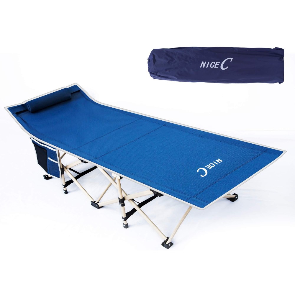 Nice C Camping Cots, Camping Cots for Adults, Folding Cot, with Pillow, Carry Bag & Storage Pocket, Extra Wide Sturdy, Heavy Duty Holds Up to 500 Lbs, Lightweight, Outdoor&Indoor (Dark Blue)