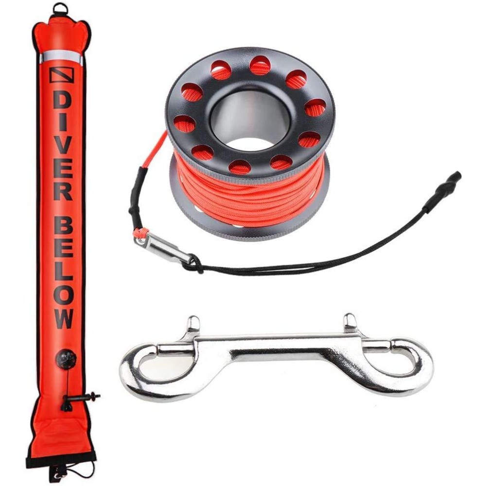 Seafard 4ft Red Scuba Diving Open Bottom Surface Marker Buoy (SMB) with 49ft Finger Spool Alloy Dive Reel and Double Ended Bolt Clip - Gray