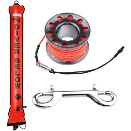 Seafard 4ft Red Scuba Diving Open Bottom Surface Marker Buoy (SMB) with 49ft Finger Spool Alloy Dive Reel and Double Ended Bolt Clip - Gray