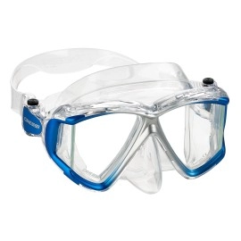 Cressi Italian Designed Liberty Quattro Panoramic View Tempered Glass Lens Premium Scuba Snorkeling Mask, Clear Blue Silver Metallic