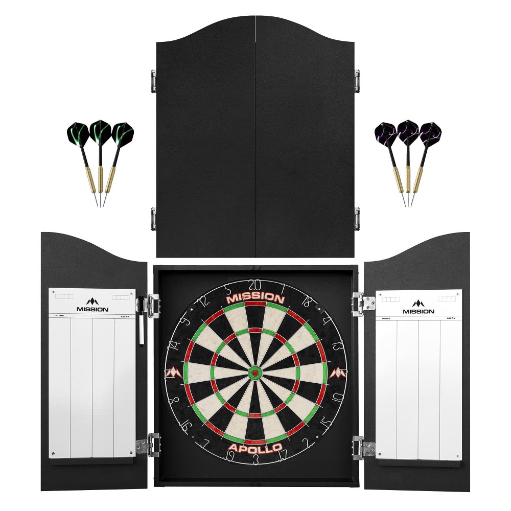 Mission Darts Home Centre | Complete Darts Package Including Apollo Dartboard with Cabinet, Easy Wipe Score Panels and 2 Sets of Darts, Black (CAB508)